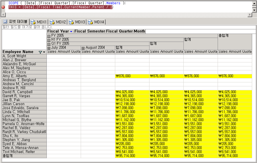 Q1 FY 2005 멤버에 대한 계산 값