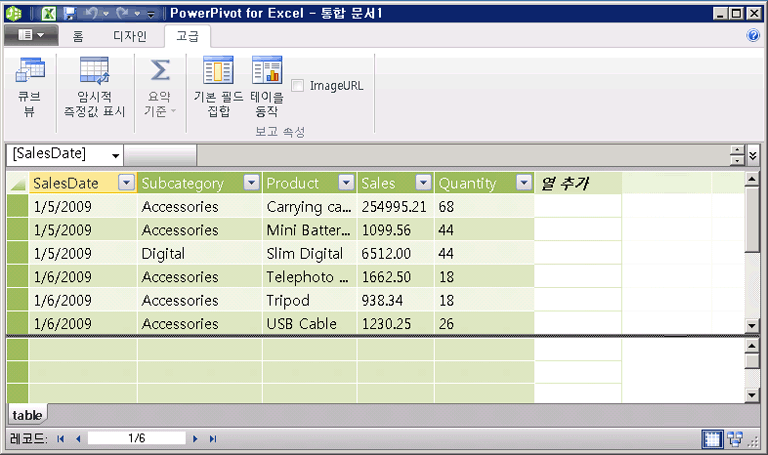 PowerPivot 창의 고급 탭