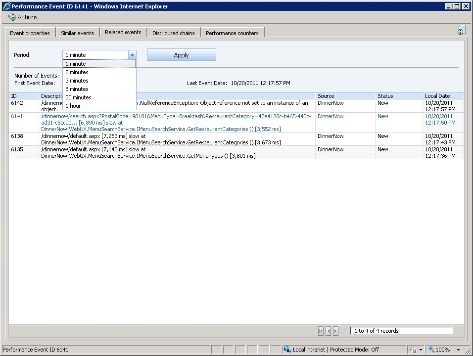 Application Diagnostics의 관련 이벤트 탭