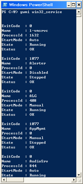 그림 1 gwmi win32_service를 실행하는 경우 Windows PowerShell은 지정된 클래스의 모든 인스턴스를 사람이 읽을 수 있는 텍스트 형식으로 반환합니다.