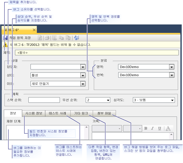 버그의 작업 항목 폼