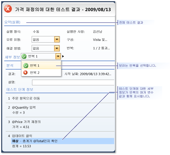 반복을 사용한 테스트의 테스트 결과 보기