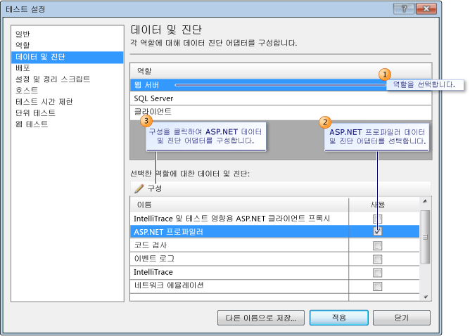 ASP.NET 프로파일러의 테스트 설정 구성