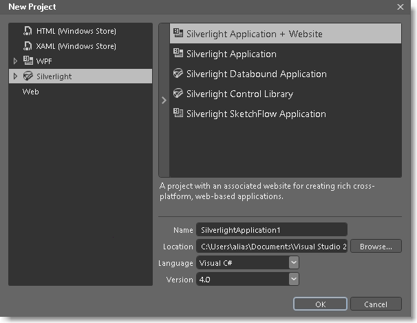 Silverlight용 새 프로젝트 만들기