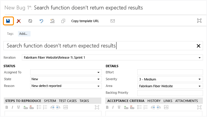 Fill out the bug work item form