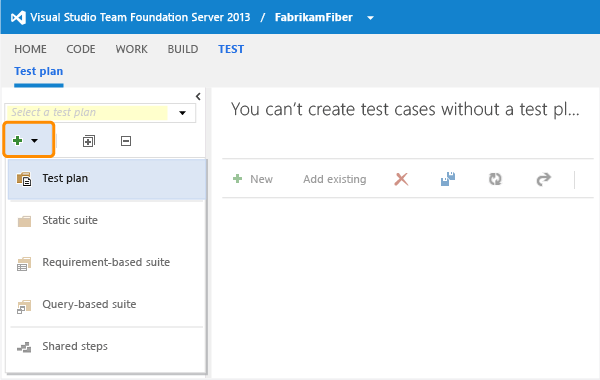 New button in the test plan explorer pane