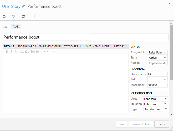 User Story work item form