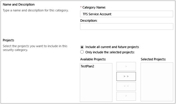 Create TFS Service account category