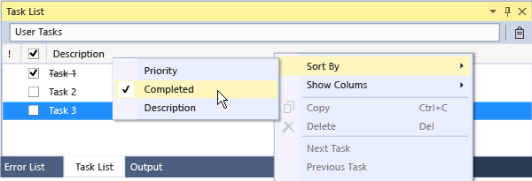 Visual Studio - 작업 목록 - 정렬 기준