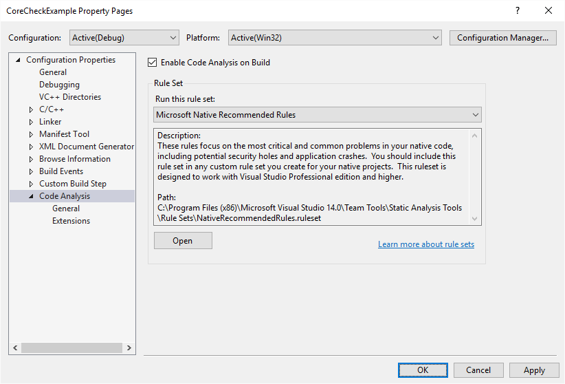 Property page for Code Analysis General settings