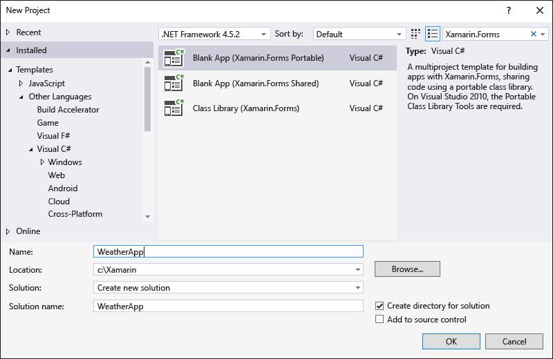Creating a new Blank App (Xamarin.Forms Portable) project
