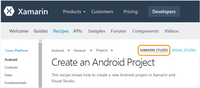 Selecting Xamarin Studio to see the correct documentation on Xamarin.com