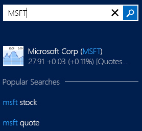 MSFT에 대한 검색 상자 결과 예제.