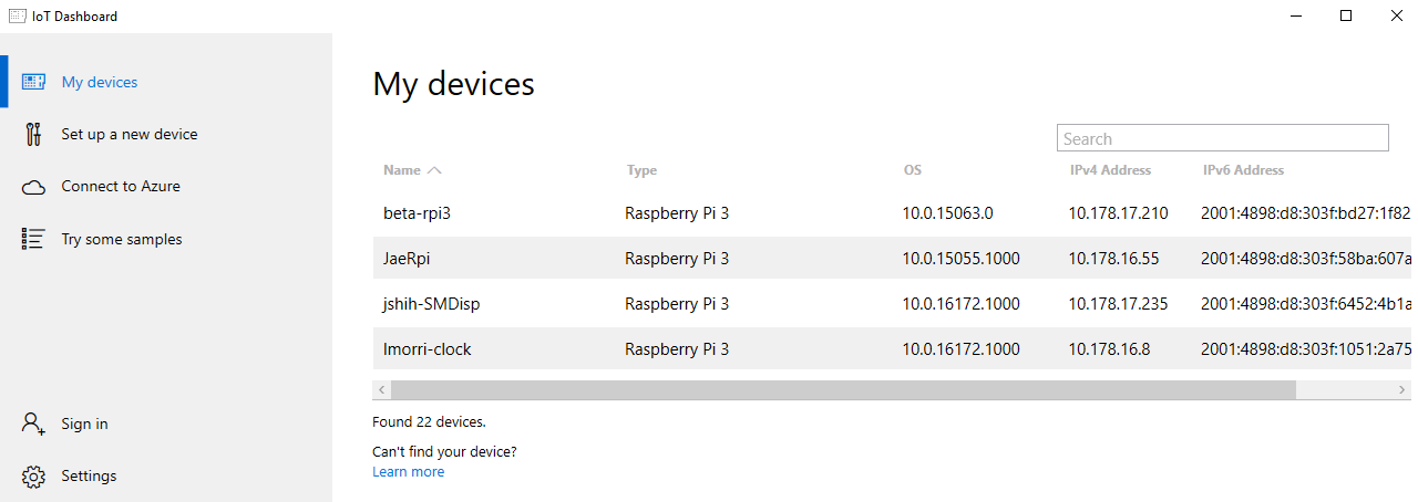 Windows 10 IoT Core Dashboard