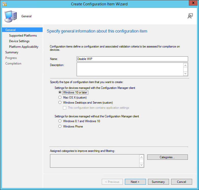 Create Configuration Item wizard, define the configuration item and choose the configuration type.