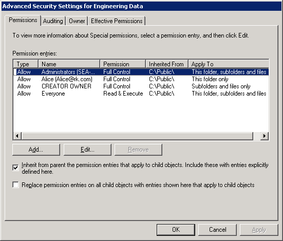 Permission Entries on Engineering Data Folder