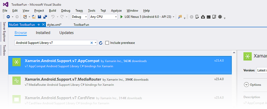 NuGet 패키지 관리에서 선택한 V7 Appcompat 패키지의 스크린샷