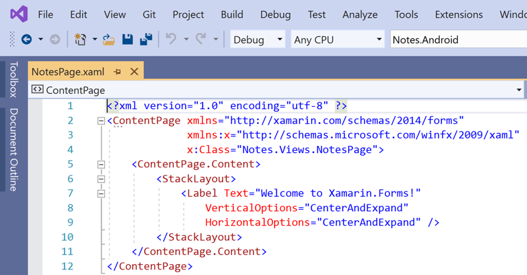 NotesPage.xaml 열기