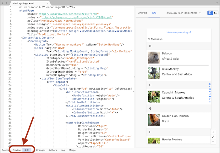 Xamarin.Forms 미리 보기 또는 분할 단추를 사용하여 미리 보기 사용