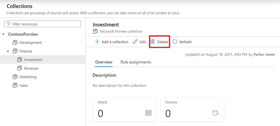 컬렉션을 삭제하는 Microsoft Purview 거버넌스 포털 창의 스크린샷