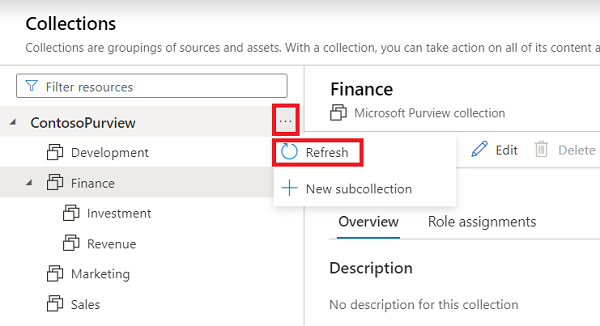 리소스 이름 옆에 있는 단추와 새로 고침 단추가 강조 표시된 Microsoft Purview 거버넌스 포털 컬렉션 창의 스크린샷
