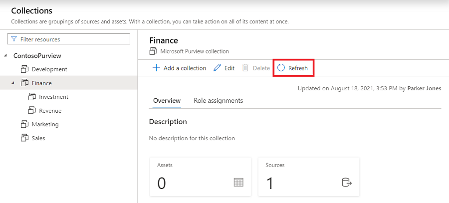 컬렉션 창 아래에 새로 고침 단추가 강조 표시된 Microsoft Purview 거버넌스 포털 컬렉션 창의 스크린샷