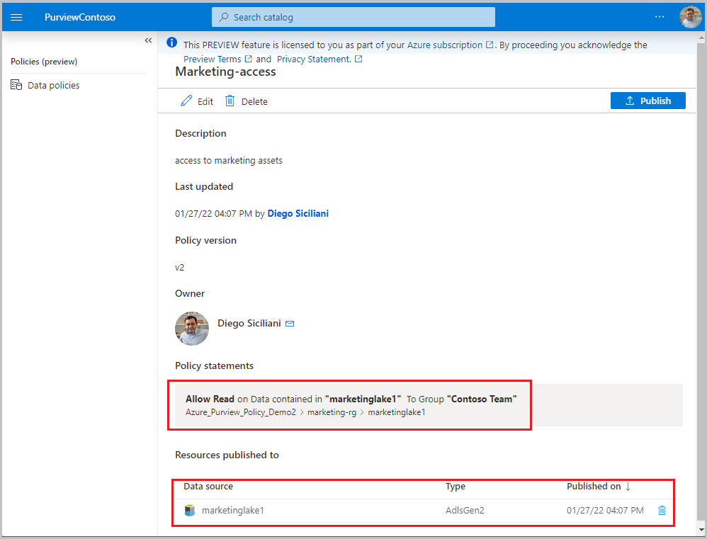 Azure Storage 계정에 대한 액세스를 제공하는 샘플 데이터 소유자 정책을 보여 주는 스크린샷