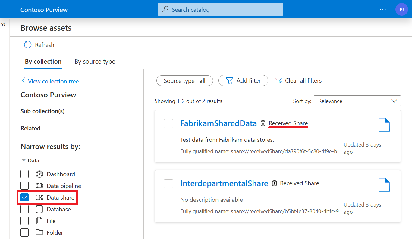 선택한 데이터 공유 필터와 강조 표시된 공유를 보여 주는 데이터 카탈로그 검색의 스크린샷.
