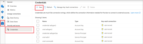 Microsoft Purview에서 자격 증명을 만드는 방법을 보여 주는 스크린샷