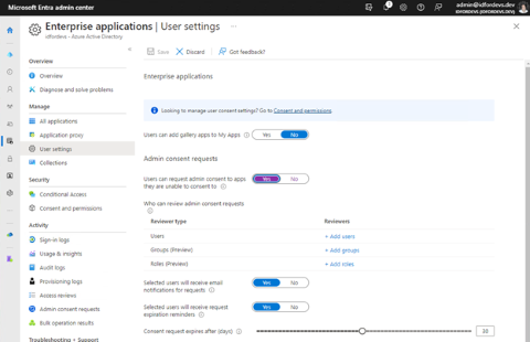 '관리자 동의 요청'을 구성하는 Microsoft Entra 관리 센터 '사용자 설정' 스크린샷