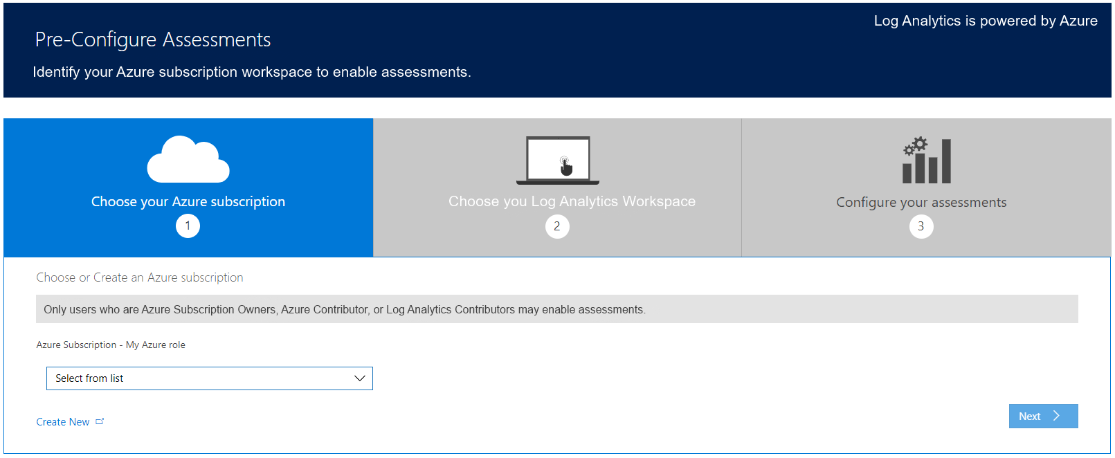 Azure 구독 선택 단계가 강조 표시된 평가 사전 구성 페이지