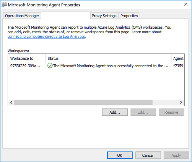 녹색 확인 표시를 표시하는 Microsoft Monitoring Agent 속성 창.