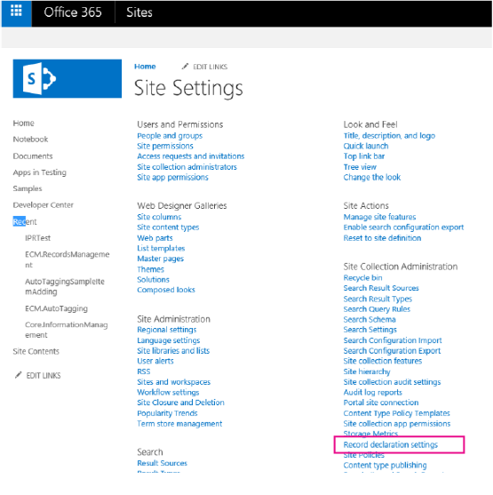 Screenshot of the Site Settings page with Record declaration settings highlighted.