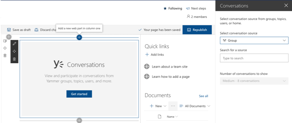 Yammer Conversation web part configuration