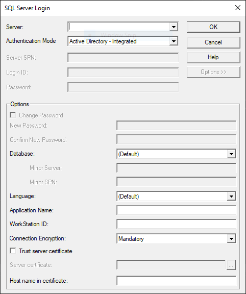 SQL Server 로그인 대화 상자의 스크린샷