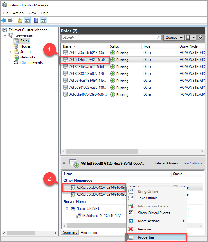 장애 조치(failover) 클러스터 관리자의 스크린샷