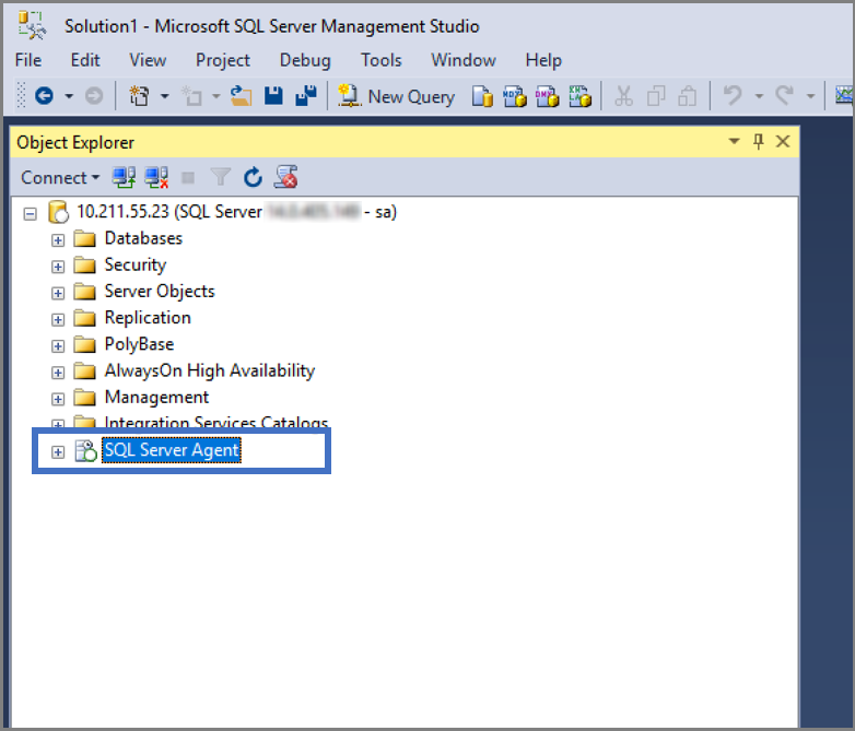 SQL Server 에이전트가 설치되었는지 확인하는 방법을 보여 주는 스크린샷.