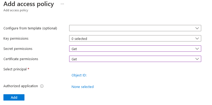 Azure 포털에서 키 볼트에 액세스 정책을 추가하는 스크린샷입니다.