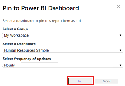 Power BI 대시보드에 핀 연결 대화 상자의 스크린샷.