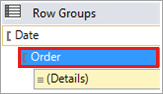 보고서 데이터 필드에서 Date와 Details 사이에 있는 Order 필드의 스크린샷.