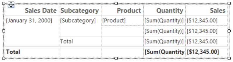 Report Builder의 Design Surface에서 테이블의 행 및 열 핸들을 보여주는 스크린샷.