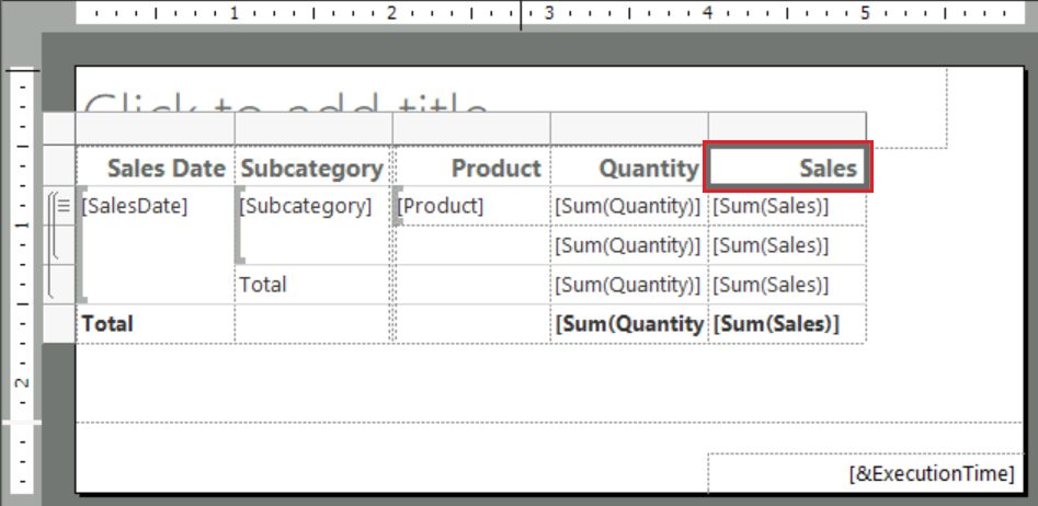 Report Builder에서 열린 테이블 보고서에 있는 Sales 열 머리글을 선택하는 방법을 보여주는 스크린샷.