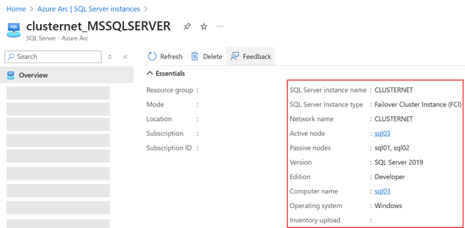 Azure Arc에 의해 사용하도록 설정된 장애 조치(failover) 클러스터 인스턴스에 대한 Azure Portal의 스크린샷