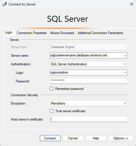 Azure Synapse Analytics의 연결 대화 상자 스크린샷