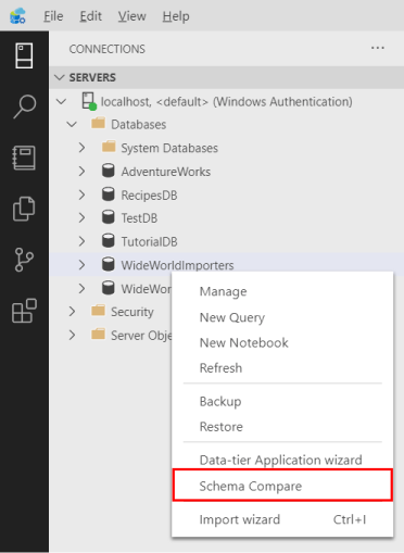 Azure Data Studio 개체 탐색기의 스키마 비교 메뉴 항목 스크린샷