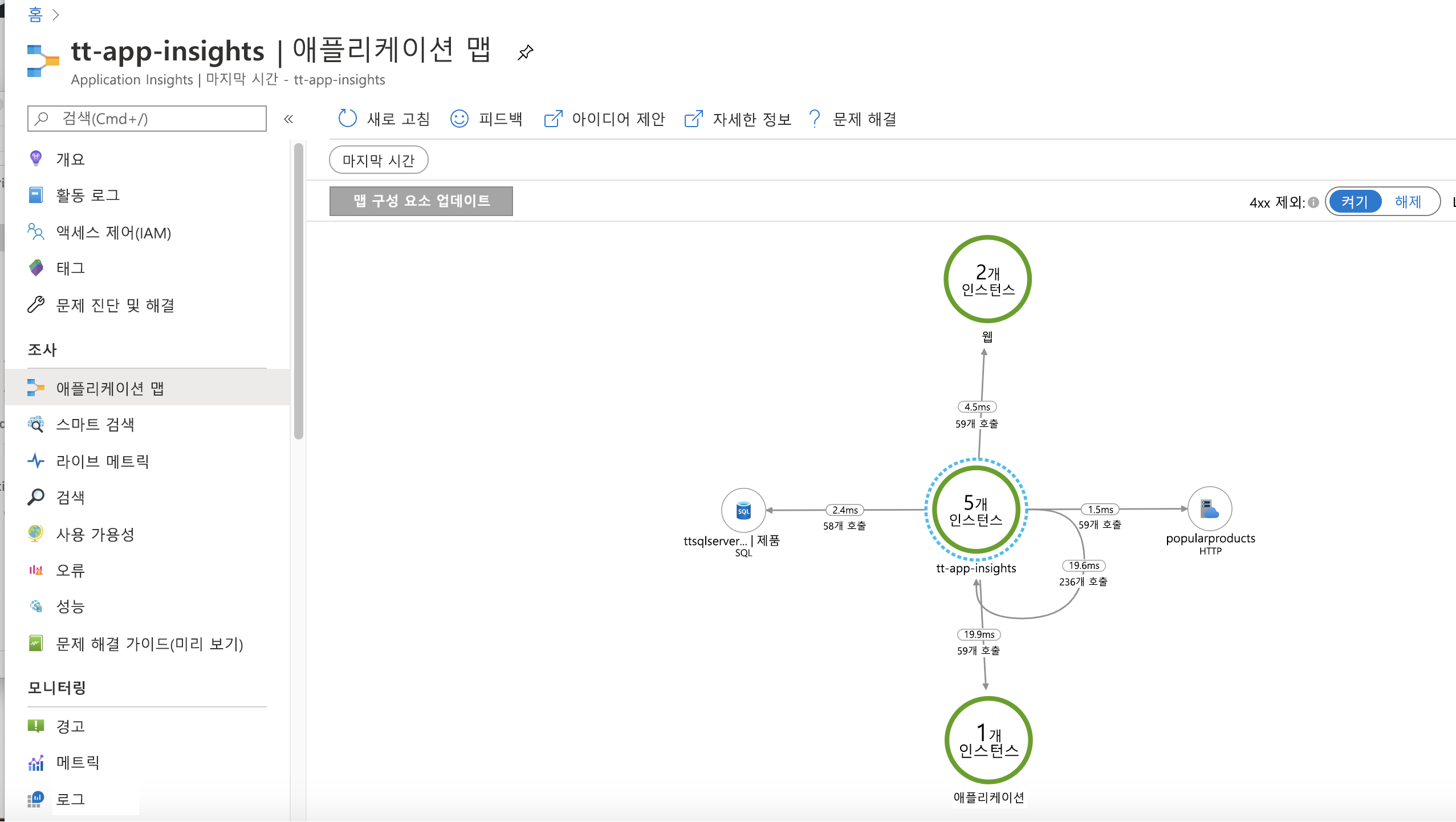 Screenshot of the Application map panel in Azure portal displaying several components and the stats for traffic between them.