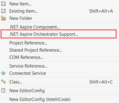 .NET Aspire Orchestrator 지원이 강조 표시된 추가 메뉴의 스크린샷.