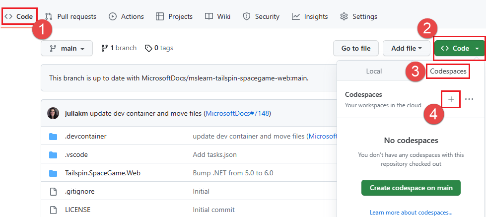 옵션이 포함된 새 Codespace 만들기 스크린샷. 