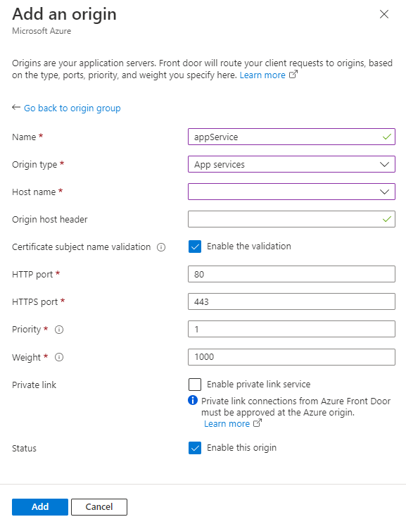 Screenshot of adding an App service origin setting in an origin group.