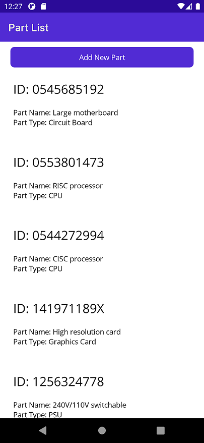 파트 목록을 보여 주는 Android에서 실행되는 Parts Client 앱의 스크린샷